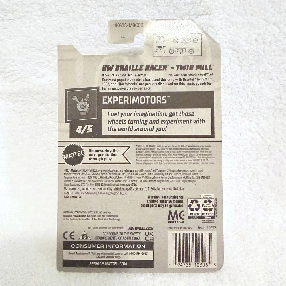 HOT WHEELS HW Braille Racer Twin Mill White Experimotors NatFed Blind HKG33 2023